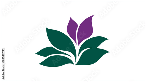 A stylized floral graphic, featuring a purple bloom at the center surrounded by green leaves