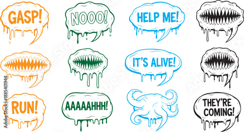 Collection of distressed comic book style speech bubbles with alarming phrases