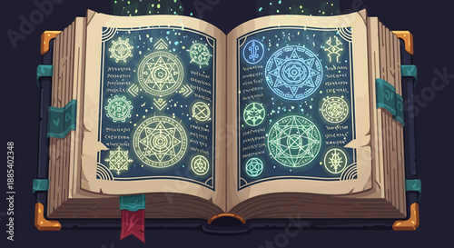 An open ancient spellbook or grimoire displaying glowing magical symbols and intricate patterns on its pages, set against a dark, mystical background.