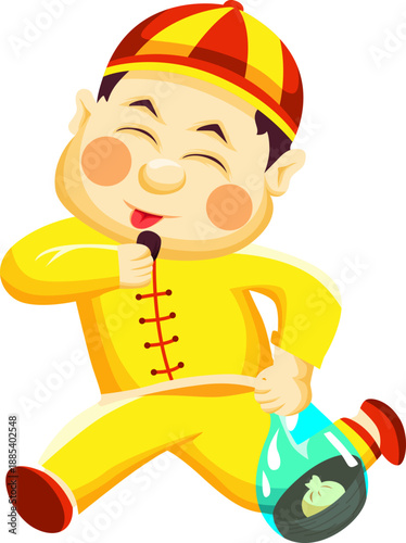 Cute Chinese Man Character Running with Dumpling