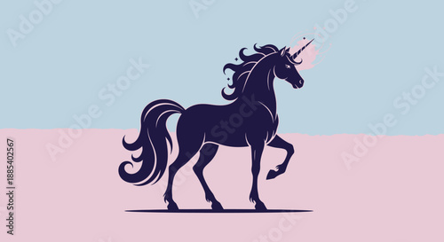 A majestic dark silhouette of a unicorn with a glowing horn, standing gracefully on a split light blue and pink background.