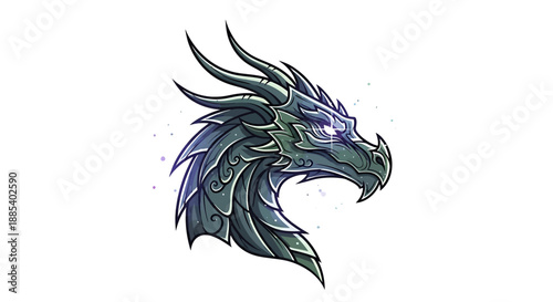 Detailed illustration of a majestic fantasy dragon head with glowing eyes and armored scales.