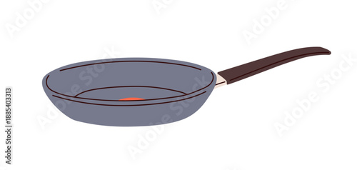 Frying pan, skillet. Kitchen utensil, empty cookware. Non-stick cooking frypan with handle and red indicator for stovetop roasting, sauteing. Flat vector illustration isolated on white background