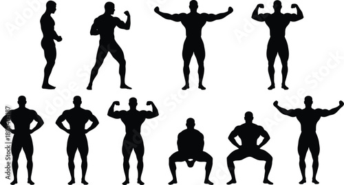 Set of muscular male bodybuilder silhouettes showing bodybuilding poses, strength training stances, fitness exercises collection isolated on white background vector illustration pack