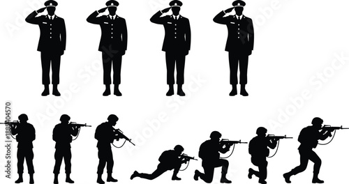 Military soldier silhouettes set featuring saluting officers and armed infantry combat poses, black army vector illustration collection isolated on white background