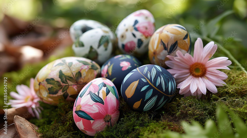 Obraz premium Hand-decorated easter eggs with floral patterns nestled on moss surrounded by pink daisies set outdoors, sustainable zero waste easter decor, DIY gifts for easter, with copy space