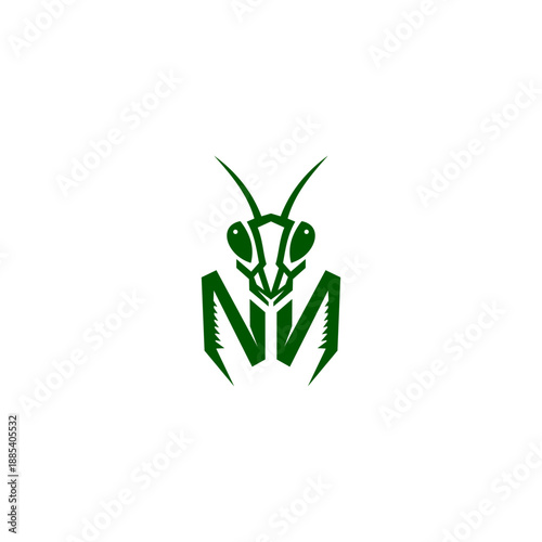 Stylized praying mantis logo in green geometric vector design, symmetrical insect emblem isolated on white background