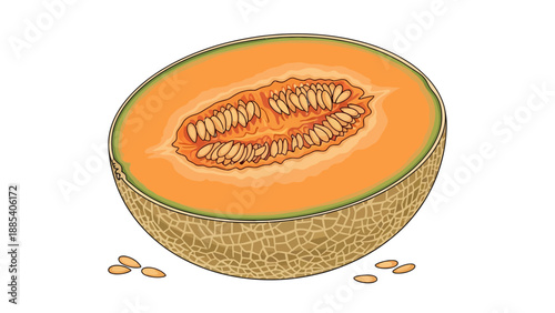 Illustration of a cantaloupe melon cut in half showing seeds