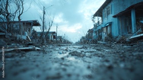 Devastated street after natural disaster with destroyed buildings and debris