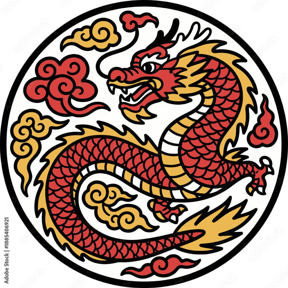 Fototapeta premium Chinese Dragon Lunar New Year Vector Illustration – Red and Gold Traditional Dragon. Highly detailed Chinese dragon vector illustration in red and gold, symbolizing Lunar New Year, prosperity, luck.
