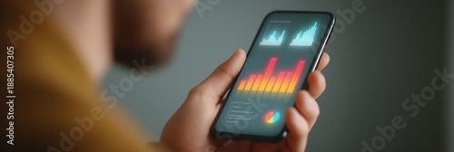 Man holding mobile phone displaying financial data, business charts, and graph on screen. Concept of digital technology, analysis, and information