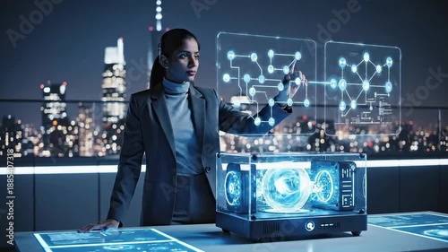 Rooftop lab with city skyline and holograms - white executive interacts with neural network projection and prototype module while illuminated metropolis provides backdrop - confident product