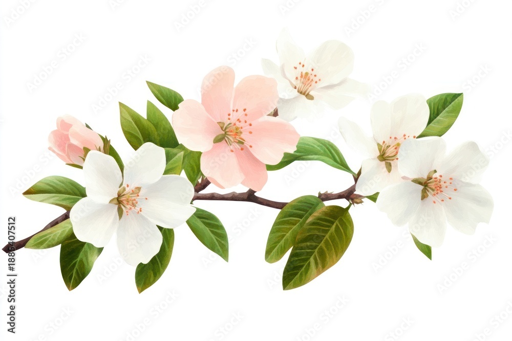 Naklejka premium Pink flowers illustration leaves leaf blossoms.