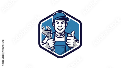 Foto Skilled Plumber With Wrench Giving Thumbs Up.