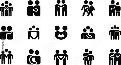 A set of black silhouette icons illustrating diverse human relationships, teamwork, and group dynamics