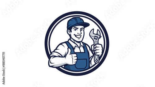 Smiling Mechanic with Wrench and Thumbs Up in Circle Logo.