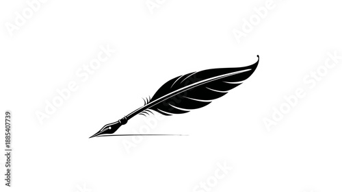 A black and white illustration of a quill pen, with a feathered shaft