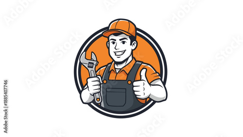 Smiling Mechanic with Wrench and Thumbs Up in Circular Logo.