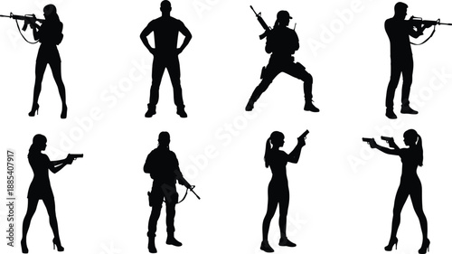 Armed men and women silhouette set, soldier and civilian shooting poses, tactical security and combat actions, law enforcement concept, isolated black vector illustration