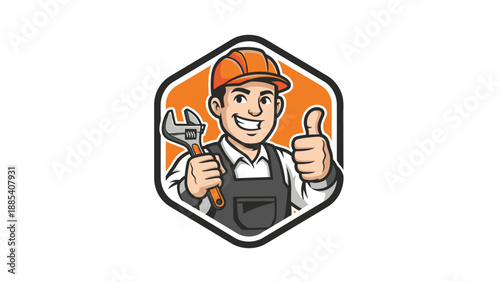 Smiling Plumber or Mechanic with Wrench and Thumbs Up in Hexagon Badge.