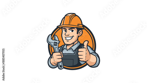 Smiling Plumber or Mechanic with Wrench and Thumbs Up.