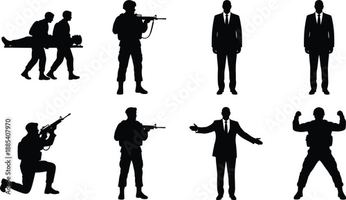 Military soldier and businessman silhouette set, armed security and corporate leader poses, rescue combat actions, professional people figures, isolated black vector illustration