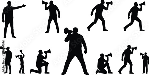 Man with megaphone silhouette set, announcement and protest poses, public speaking communication actions, leadership influence concept, isolated black vector illustration