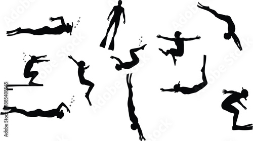 Scuba diving and swimming silhouette collection, underwater diver poses, aquatic sport action movements, freediving and snorkeling figures, isolated black vector illustration set