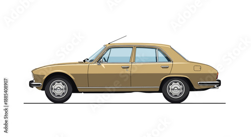 Vintage beige sedan car in side profile view on white background.