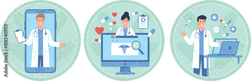 Illustration of telemedicine healthcare services showing online doctors, digital consultation, remote medical support, and modern virtual healthcare technology