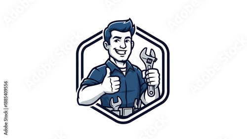 Mechanic Man Thumbs Up Holding Wrench Service Icon.