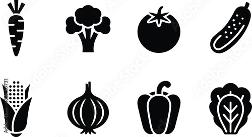 A simple collection of black vegetable icons including carrot, broccoli, tomato, cucumber, corn, and onion
