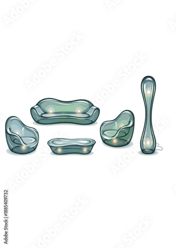 Liquid Glass Furniture Silhouette, Sensory Wellness Lounge Design, Ambient Realism and Modern Tactile Interior Decor Vector Illustration
