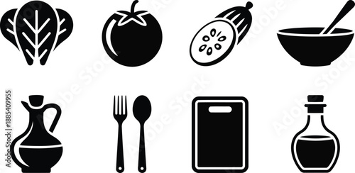 A thoughtful selection of black silhouette icons illustrating fresh ingredients and basic kitchen essentials