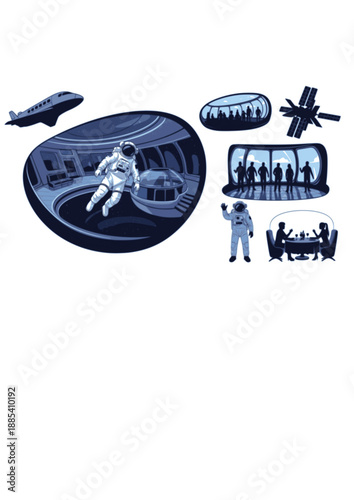 Zero Gravity Space Tourism Silhouette, Astronaut Floating in Orbital Hotel, Future Hospitality and Commercial Space Flight Vector Art