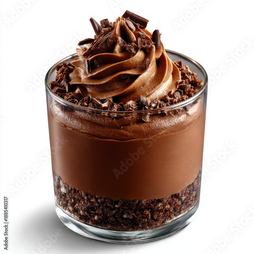 Decadent chocolate mousse dessert in a glass with chocolate shavings, isolated on transparent background