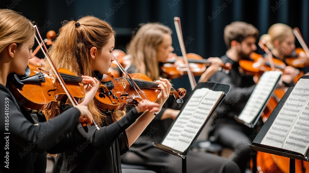 Fototapeta premium Immersive Orchestra Experience with Energetic String Session in a Stunning Concert Hall Performance