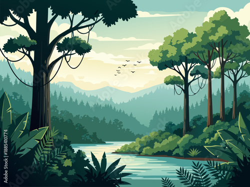 Serene River and Forest Landscape A Vector Illustration of Lush Greenery and Majestic Trees