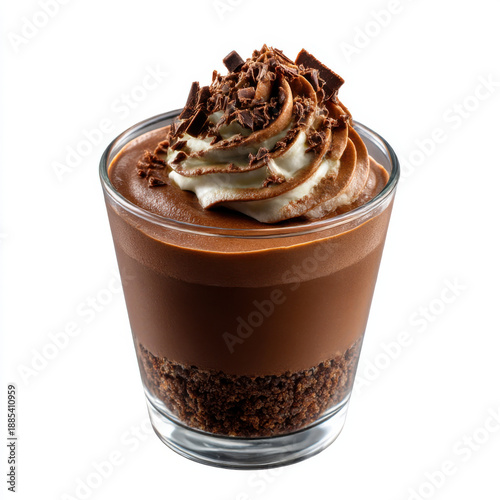 Delicious chocolate mousse dessert with whipped cream and chocolate shavings, isolated on transparent background