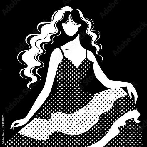 Stylized black and white vector of a woman with long wavy hair wearing a polka dot dress. Pop art influenced halftone aesthetic with a dark background.