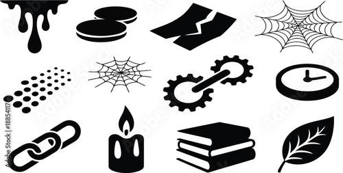 A versatile collection of black silhouette icons featuring objects, mechanisms, and natural elements on white