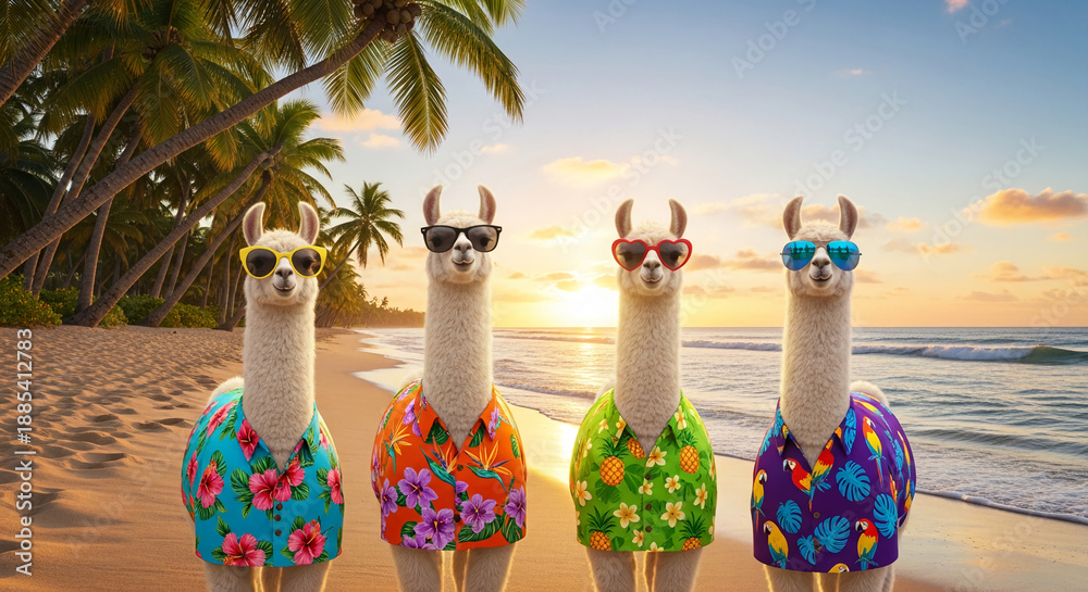 Naklejka premium Four white llama wearing sunglasses and colourful shirt standing on sandy beach, symbolizing summer vacation and animal anthropomorphism