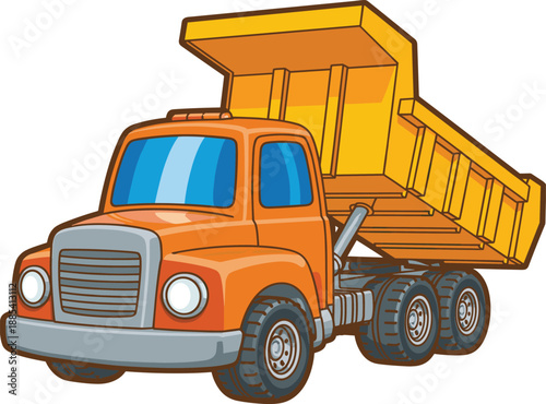 Cartoon dump truck with raised tipping container, construction vehicle vector illustration isolated on white background for kids, transport and building concept