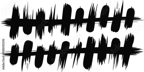 Two parallel horizontal black brush stroke lines with jagged edges , abstract, black, white, brush