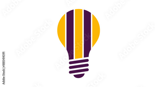 Simplified illustration of a lightbulb with striped design. Features gold and purple colors on white