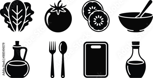 An appealing collection of black silhouette icons featuring garden fresh vegetables and common kitchen implements