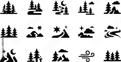 An assortment of simple natural icons showcasing forests, mountains, rivers, and various celestial and weather phenomena