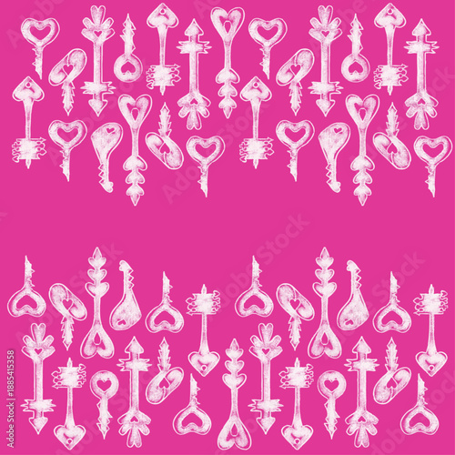 Fancy keys of various sizes resembling arrows and spades featuring heart shapes pointed up and down in one direction with copy text space in middle; hand-drawn vector illustration for St. Valentine's