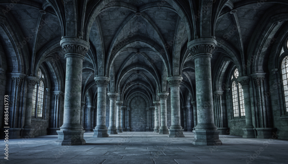 Naklejka premium Gothic medieval stone hall interior with vaulted arches and columns, dark architectural background, symmetrical perspective. Generated image