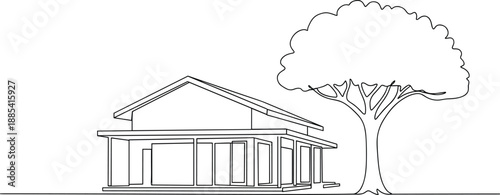 Minimal line art house with tree landscape, modern home exterior illustration for real estate, architecture design, eco living, and peaceful residential lifestyle concepts